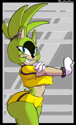 alternate_costume anthro anthrofied big_butt biped black_border black_nose blue_eyes border bottomwear breasts butt cleavage clothed clothed_anthro clothed_female clothing countershade_face countershade_neck countershade_torso countershading ear_piercing eyelashes female female_anthro fingers fully_clothed fully_clothed_anthro fully_clothed_female gloves green_body green_hair grin hair handwear huge_butt iris looking_at_viewer midriff muscular muscular_anthro muscular_female navel piercing ponytail pupils sharp_teeth short_tail smile smiling_at_viewer snout solo tail teeth text thick_thighs tight_bottomwear tight_clothing topwear under_boob wearing_gloves white_clothing white_gloves white_handwear wide_hips yellow_bottomwear yellow_clothing yellow_topwear davidsanchan idw_publishing sega sonic_the_hedgehog_(comics) sonic_the_hedgehog_(idw) sonic_the_hedgehog_(series) surge_the_tenrec afrosoricid mammal tenrec 2025 absurd_res artist_name hi_res