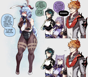 5_fingers big_breasts biped black_hair blood blue_hair blush bodily_fluids breasts bunny_costume clothed clothed_female clothed_human clothed_humanoid clothed_male clothing costume dialogue fake_ears fake_rabbit_ears female female_human female_humanoid fingers group hair horn humanoid_hands long_hair male male_human nosebleed purple_clothing purple_hair smile speech_bubble standing text thick_thighs white_clothing thiccwithaq genshin_impact mihoyo ganyu_(genshin_impact) keqing_(genshin_impact) tartaglia_(genshin_impact) xiao_(genshin_impact) horned_humanoid human humanoid mammal english_text hi_res