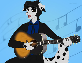 acoustic_guitar anthro black_hair bow_tie brown_eyes clothing eighth_note gibson_j160e guitar hair male musical_instrument musical_note musical_symbol plucked_string_instrument quarter_note spots string_instrument suit symbol cinderwishes gibson jim_kruger canid canine canis dalmatian domestic_dog mammal