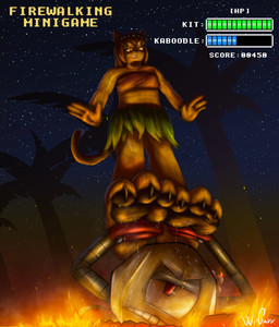 3_toes anthro balance bodily_fluids claws clothing duo feet female fire forced gameplay_mechanics gaming island machine pawpads paws playing_video_game scared sky struggling sweat sweatdrop toes topwear anthony444333 gameoverse glitch_productions kaboodle_(gameoverse) kit_bodega felid feline mammal robot absurd_res hi_res
