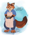 anthro belly blue_eyes bottomwear clothing dessert dialogue food humanoid_hands male orange_body overweight overweight_male pants pastry pie shirt solo text topwear weight_gain 260 disney zootopia gideon_grey canid canine fox mammal red_fox true_fox 2020 english_text hi_res