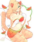 animal_ears animal_limbs animal_tail blonde_hair breasts cleavage cleavage_overflow clothed clothing dipstick_tail female food fruit fur hair hair_over_eye kneeling looking_at_viewer markings melon navel one_eye_obstructed orange_body orange_fur plant ponytail red_clothing red_swimwear simple_background solo striped_body striped_fur stripes swimwear tail tail_markings tan_body tan_skin thick_thighs watermelon watermelon_slice white_background white_body white_fur wide_hips shutupblurry animal_humanoid felid felid_humanoid humanoid mammal mammal_humanoid pantherine pantherine_humanoid tiger_humanoid hi_res