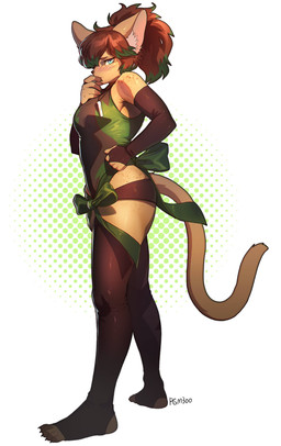 5_fingers 5_toes anthro armwear blue_eyes blush bow_tie breasts brown_body brown_fur brown_hair butt claws clothed clothing dotted_background elbow_gloves feet female fingers footwear freckles fur gloves green_hair hair hand_on_hip handwear inner_ear_fluff legwear multicolored_hair pattern_background plantigrade ponytail side_view simple_background socks solo standing stirrup_socks thigh_highs toes tuft pgm300 vera_(verdantdarkgon) felid feline mammal 2020 absurd_res digital_media_(artwork) full-length_portrait hi_res portrait shaded signature
