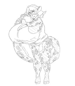 anthro big_breasts big_tail breasts female fur hair holding_tail huge_breasts markings medium_hair simple_background solo spots spotted_body spotted_fur tail white_background grindaviking morgan_"mint"_king felid leopard mammal pantherine 2019 full-length_portrait monochrome portrait