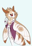 anthro brown_body brown_fur clothed clothing female fur hair red_eyes simple_background solo standing tan_body tan_fur white_hair aseethe seraph_(oldmancassius) arthropod insect lepidopteran moth 2020 digital_media_(artwork) hi_res