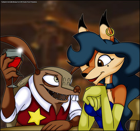 anthro breasts brown_body brown_eyes brown_skin buckteeth chair choker clothing container cup dress duo ear_piercing eye_contact female fur furniture glass glass_container glass_cup gloves grey_eyes handwear hat headgear headwear holding_container holding_cup holding_object jewelry larger_female lipstick long_ears looking_at_another looking_down looking_up makeup male necklace open_mouth open_smile orange_body orange_fur piercing sheriff shirt size_difference smaller_male smile table tan_body tan_fur teeth topwear vest yellow_sclera verona7881 sly_cooper_(series) sony_corporation sony_interactive_entertainment sucker_punch_productions carmelita_fox toothpick_(sly_cooper) armadillo canid canine fox mammal xenarthran 2013