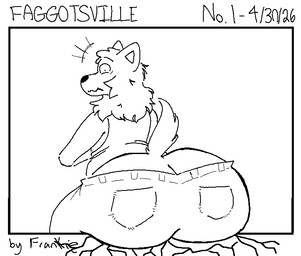 anthro big_butt bottomwear butt butt_cleavage butt_focus clothing comic_panel cracked_wall cracks fur huge_butt male shirt solo tank_top tight_bottomwear tight_clothing topwear bigbootydeluxe normalsville ferris_(normalsville) canid canine canis domestic_dog mammal comic monochrome