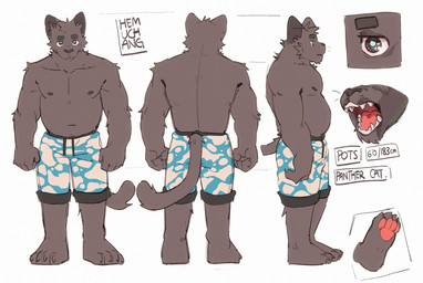 anthro biped black_body black_eyes black_fur bottomwear clothed clothing fur male overweight overweight_anthro overweight_male shorts shorts_only solo topless hemuchang pots_(hemuchang) felid mammal pantherine 2022 hi_res model_sheet