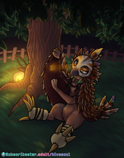 ambiguous_gender brown_body brown_fur cape clothing costume fence feral fur lamp lantern looking_at_object mask mouth_closed neck_tuft night outside plant quadruped semi-anthro sitting sitting_on_ground solo tree tuft soulcentinel lagomorph leporid mammal rabbit 2025 hi_res