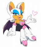 anthro bat boots breasts cleavage clothed clothing fangs female footwear heart_symbol high_heeled_boots high_heels looking_at_viewer mammal open_mouth rouge_the_bat scarletopalite sega simple_background smile solo sonic_the_hedgehog_(series) teeth wings
