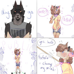 ambiguous_gender anthro bathroom_control blush blush_lines clothed clothed_anthro clothing collar dialogue duo_focus freckled_face freckles group hand_on_crotch hooves humiliation imminent_peeing imminent_urine knock-kneed leash leashed_collar omorashi public public_humiliation question_mark simple_background speech_bubble text white_background paddle-boat angel_(paddle-boat) deer felid mammal pantherine 1:1 2021 comic digital_drawing_(artwork) digital_media_(artwork) english_description english_text hi_res male_(lore)