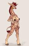 anthro areola breasts cloven_hooves ear_piercing featureless_crotch female green_eyes hooves long_neck nipples piercing simple_background white_background skuttz giraffe giraffid mammal absurd_res hi_res