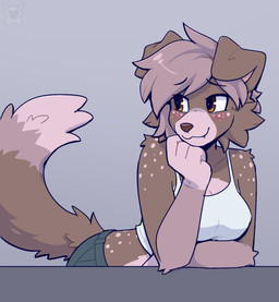 anthro arm_tuft blush bottomwear breasts brown_body brown_eyes brown_fur brown_nose cheek_tuft clothing crop_top elbow_tuft facial_tuft female floppy_ears freckled_face freckled_hips freckled_shoulders freckles fur hair multicolored_body multicolored_fur pants pink_body pink_fur shirt short_hair shoulder_tuft simple_background smile solo spot_freckles spots spotted_face spotted_hips spotted_shoulders tail topwear tuft fleurfurr canid canine canis domestic_dog mammal cel_shading colored colored_sketch digital_drawing_(artwork) digital_media_(artwork) hi_res shaded sketch