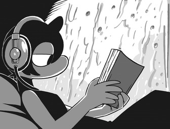 anthro book clothed clothed_anthro clothed_male clothing electronics hair half-closed_eyes headphones holding_book holding_object horn male mouthless narrowed_eyes not_furry raining reading reading_book solo window shyguy9 pith demon imp monochrome