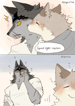 anthro black_body black_fur blush blush_lines bodily_fluids dialogue duo facial_scar fur grey_body grey_fur heart_symbol hearts_around_head kemono kissing kissing_cheek knight looking_at_another male male/male military multicolored_body multicolored_fur no_pupils pointy_ears question_mark scar soldier substance_intoxication sweat sweatdrop tan_body tan_fur text two_tone_body two_tone_fur warrior white_body white_fur pegu2726 canid canine canis mammal wolf 2026 absurd_res comic english_text hi_res