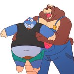 anthro belly blue_body bottomwear brown_body brown_fur clothing dot_eyes duo fur male navel overalls overweight overweight_male pants red_nose shirt shorts topwear leothelionel the_human_heart_(game) cade_maplebottom dylan_ramos bear eulipotyphlan mammal mole_(animal) 1:1 2021