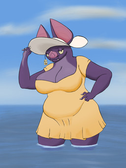 5_fingers anthro belly belly_overhang big_belly big_breasts big_ears big_nose breasts claws cleavage clothed clothing clothing_tag countershade_neck countershade_torso countershading detailed_background dress exposure_variation fangs female finger_claws fingers fur hat headgear headwear looking_at_viewer mature_anthro mature_female overweight overweight_anthro overweight_female partially_submerged pink_nose purple_body purple_countershading purple_fur sea smile solo sundress teeth thick_thighs voluptuous_anthro voluptuous_female water white_claws white_clothing white_hat white_headwear wide_hips yellow_clothing yellow_dress yellow_eyes monodreams lady_chrysanthemum_(monodreams) bat leaf-nosed_bat mammal microbat vampire_bat yangochiropteran 2025 3:4 digital_media_(artwork) hi_res