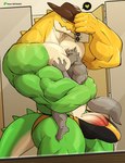 anthro barazoku big_biceps big_muscles big_pecs bodily_fluids bulge butt candy clothing cowboy_hat dessert electronics erection face_in_chest food genital_fluids genitals green_body gummy_(food) hat headgear headwear heart_symbol humanoid_genitalia humanoid_penis male mirror_selfie muscular muscular_anthro muscular_arms muscular_male pec_grab pecs penis phone precum selfie solo tail thong tight_underwear underwear vein veiny_penis white_eyes wolfblack43 glitch_productions the_amazing_digital_circus gummigoo_(tadc) ych_(character) canid canine canis crocodile crocodilian food_creature gummy_creature living_candy mammal reptile scalie wolf hi_res