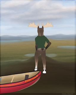 anthro antlers biped brown_body brown_fur canoe clothing cloven_hooves dewclaw fur grass green_clothing green_shirt green_topwear hooves horn lake landscape looking_away male mountain plant shirt solo topwear vehicle watercraft conditional_dnp fricken_stoat deer mammal moose new_world_deer 4:5 absurd_res hi_res