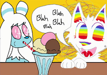 ambiguous_gender blue_body blue_fur dessert dialogue duo feral food fur ice_cream multicolored_eyes open_mouth open_smile rainbow_eyes smile text white_body white_fur twee-lil-paws rainbowpaw_(demensa) canid canine canis domestic_dog mammal 2024 animated loop