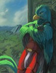 abs anthro athletic athletic_anthro athletic_male beak bottomwear bulge claws clothed clothing cloud crossed_arms detailed_background feathered_wings feathers loincloth male outside sky solo standing temple topless winged_arms wings chunie avian bird quetzal resplendent_quetzal trogonid 2016 adobe_photoshop_(artwork) digital_media_(artwork) digital_painting_(artwork) hi_res