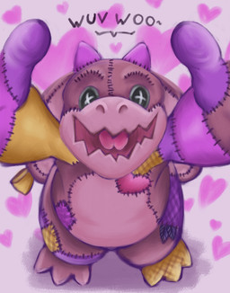 3_toes button_(fastener) button_eyes dialogue doll ear_piercing ear_tag feet floppy_ears fur horn jagged_mouth open_mouth patch_(fabric) piercing pink_body pink_fur plushie seam_(sewing) simple_background slightly_chubby solo speech_bubble stitched_body toes tongue yellow_body yellow_fur sashera vtuber velvet_plushbottom kobold reptile scalie