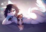 anthro blue_eyes breasts casual_nudity dark_hair female fur hair looking_at_viewer lying markings nude orange_body plushie simple_background smile solo tail white_body white_fur magnaluna lyra_(lyra~floof) samantha_(syronck01) arctic_fox canid canine fox mammal true_fox 2024 absurd_res digital_media_(artwork) hi_res