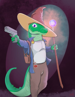 anthro backpack clothing green_body gun handgun hat headgear headwear magic_user male pistol purple_eyes ranged_weapon solo staff weapon wizard_hat stri glock crocodile crocodilian reptile scalie absurd_res hi_res