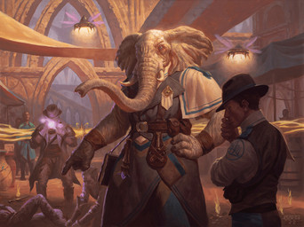 anthro clothing dagger gloves grey_body group hand_on_hip handwear hat headgear headwear holding_object male melee_weapon outside pouch_(clothing) proboscis_(anatomy) size_difference trunk_(anatomy) tusks weapon chris_rahn hasbro magic:_the_gathering wizards_of_the_coast elephant elephantid human mammal proboscidean 2022 hi_res official_art traditional_media_(artwork)