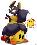 anthro big_butt bodily_fluids butt butt_hat cross-popping_vein duo_focus female group huge_butt male open_mouth sitting_on_another sitting_on_head sweat tongue tongue_out vein xmetalhusky bandai_namco pac-man_(series) pac-man_party ms._pac-man pac-man patra anubian_jackal canid canine canis jackal mammal waddling_head 2021 absurd_res hi_res