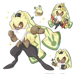 anthro bottomwear chibi clothing fluffy fluffy_chest fur gloves handwear long_ears male orange_eyes pants ponytail_ears shirtless slim small_waist solo yellow_body yellow_fur yagi_kiki bandai_namco digimon digimon_ghost_game digimon_(species) lagomorph leporid mammal rabbit symbareangoramon 1:1 hi_res