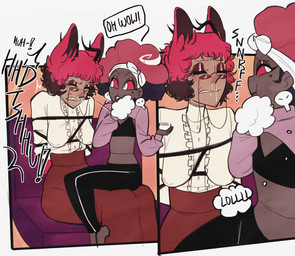 arms_tied_behind_back bodily_fluids crossgender doll duo ear_piercing ear_ring eyewear female female/female glasses laugh laughing_at_another on_lap piercing red_sclera ring_piercing sharp_teeth sitting_on_lap sneeze sneezing_fetish snot teeth white_eyes xobloodletter hazbin_hotel hellaverse alastor_(hazbin_hotel) velvette_(hazbin_hotel) animate_inanimate deer demon humanoid living_doll mammal hi_res