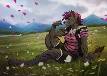 anthro badge barefoot bottomwear claws clothing ear_piercing eyebrow_piercing eyes_closed facial_piercing feet female finger_claws flower fur grass grey_body grey_fur hair industrial_piercing jacket kerchief meadow mountain neckerchief neckwear outside paws petals piercing plant pride_color_accessory purple_hair shirt shorts sitting smelling_flower solo spots stripes tail toe_claws topwear nitrods espii_ainen hyena mammal 2026 digital_media_(artwork) signature nonbinary_(lore)
