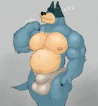 anthro barazoku belly biceps big_belly big_bulge big_muscles bulge claws clothed clothing detailed_bulge frown fur grey_background huge_bulge looking_at_viewer male motion_lines musclegut muscular muscular_anthro muscular_male narrowed_eyes nipples pecs simple_background sleeping slightly_chubby slightly_chubby_anthro slightly_chubby_male solo sound_effects standing thick_thighs tired topless topless_anthro topless_male tuft underwear vowelless vowelless_sound_effect zzz fleshformomo bluey_(series) bandit_heeler australian_cattle_dog canid canine canis cattledog domestic_dog herding_dog mammal pastoral_dog 2023 hi_res