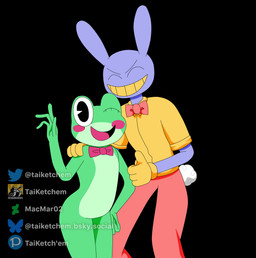 4_fingers ambiguous_gender anthro black_background blush blush_stickers bottomwear bow_tie clothing cotton_tail duo fingers gesture gloves green_body hand_gesture hand_on_shoulder handwear happy male one_eye_closed pants pie_cut_eyes pink_bottomwear pink_clothing pink_pants purple_body shirt simple_background smile teeth thumbs_up topwear wink yellow_clothing yellow_gloves yellow_handwear yellow_shirt yellow_teeth yellow_topwear taiketchem glitch_productions the_amazing_digital_circus jax_(tadc) ribbit_(tadc) amphibian frog lagomorph leporid mammal rabbit 2025 hi_res