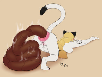 anal_prolapse anthro anus black_ears black_tail_tip blonde_hair blush breasts butt dipstick_tail excessive_feces eyewear feces female female_pooping fur genitals glasses hair hyper hyper_feces lying markings nude on_front pooping pooping_on_floor prolapse scatplay simple_background solo tail tail_markings tan_background vulva white_body white_fur white_tail biggnastey domestic_cat felid feline felis mammal 2026 hi_res