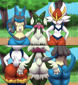 ambiguous_gender anthro big_butt blue_body blue_fur butt butt_grab camera_view fur green_body green_fur group hand_on_butt looking_at_viewer open_mouth small_waist thick_thighs trio white_body white_fur wide_hips an-tonio nintendo pokemon canid canine cinderace felid feline generation_4_pokemon generation_8_pokemon generation_9_pokemon lucario mammal meowscarada pokemon_(species) absurd_res digital_media_(artwork) hi_res huge_filesize