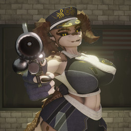 aiming_at_viewer aiming_weapon american_flag anthro authority_figure big_breasts big_horn black_nails bottomwear breasts brown_body brown_scales clothing colored_nails colt_single_action_army female gloves gun handgun handwear hat headgear headwear holding_gun holding_object holding_ranged_weapon holding_weapon horn interrogation_room looking_at_viewer nails officer pupils ranged_weapon revolver scales shadowy_figure skirt slit_pupils smile smirk solo spikes tail tan_body tan_scales topwear united_states_of_america weapon yellow_eyes badelynge3d reivene3d_(modeler) fallout microsoft deathclaw scalie 1:1 3d_(artwork) digital_media_(artwork) hi_res