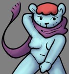 animate_inanimate bear blue_body digital_drawing_(artwork) digital_media_(artwork) female freckles hair hashi_bleu hown_brash living_plushie looking_at_viewer mammal navel nipples nude pinup pixelated plushie pose red_hair scarf seam_(sewing) shaded short_stack simple_background slightly_chubby solo ursine