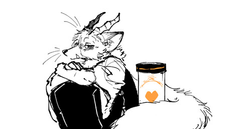 alternate_universe anthro clothing containment_tube crossed_arms facial_scar fluffy fluffy_tail fur hair heart_symbol horn long_tail male ponytail robe sad scar sitting solo tail whiskers akamaruburningred mythology undertale_(series) akamaru_shirogane canid canine chimera dragon fox furred_scalie hybrid mammal mythological_creature mythological_scalie scalie soul_(undertale) 2026 digital_media_(artwork) sketch