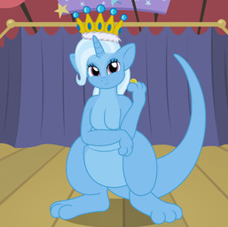 alternate_species blue_body blue_fur blue_hair coin crown female feral fur hair headgear looking_at_viewer multicolored_hair pouch_(anatomy) purple_eyes solo stage two_tone_hair badumsquish friendship_is_magic hasbro my_little_pony trixie_(mlp) kangaroo macropod mammal marsupial hi_res
