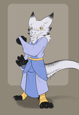 anthro bandage bandaged_foot black_body black_fur clothed clothing defensive_stance eyelashes female fluffy fluffy_tail freckled_ears freckled_face freckled_tail freckles fur fur_markings gradient_fur markings neck_tuft pose pupils robe simple_background slit_pupils solo tail thick_tail tuft white_body white_fur yellow_eyes flamespitter ezra_(anunusedaccount) furred_kobold furred_scalie kobold scalie hi_res