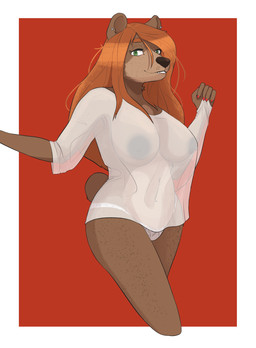 anthro areola belly big_areola big_breasts big_nose bottomwear breasts claws clothing colored_nails dark_nose ear_piercing eyebrow_through_hair eyebrows eyelashes female finger_claws freckled_arms freckled_belly freckled_chest freckled_face freckled_hips freckled_legs freckled_shoulders freckled_thighs freckles green_eyes hair hair_down long_eyelashes nails navel nipple_dip nipples nub_tail orange_hair panties pawpads piercing ponytail round_ears shorts simple_background smile snout solo topwear torn_bottomwear torn_clothing translucent translucent_clothing translucent_hair underwear katahdin kat_(katahdin) bear mammal hi_res