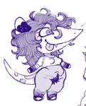 anthro blep bottomless chibi clothed clothing curled_hair cute_fangs eyelashes fangs featureless_limbs female gloves_(marking) hair hairy_pussy leg_markings markings pubes socks_(marking) solo tail teeth tongue tongue_out topwear miistniight american_opossum mammal marsupial hi_res