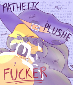 ambiguous_gender ambiguous_penetrated anthro background_text belt belt_buckle black_body blonde_hair bodily_fluids buckle button_(fastener) button_eyes clothing collar cum cum_in_mouth cum_inside degradation degradation_kink degradation_text duo face_fucking facial_piercing fellatio freckles genital_fluids hair hat headgear headwear holding_head irrumatio male male/ambiguous male_penetrating male_penetrating_ambiguous nose_piercing nose_ring oral oral_penetration patched_clothing penetration penile penis_in_mouth piercing plushie plushophilia profanity questionable_consent ring_piercing selfcest sentient_plush sex square_crossover stuffing text witch_hat yellow_body jellybeankofi roffa animate_inanimate living_plushie mammal mustelid otter english_text hi_res