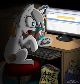 apple_chips bag beverage blue_eyes chips_(food) computer computer_keyboard computer_mouse cutie_mark detailed_background electronics female feral food hair horn magic monitor multicolored_hair solo tail toony trash two_tone_hair john_joseco friendship_is_magic hasbro mcdonald's my_little_pony mythology belle_eve fan_character equid equine mammal mythological_creature mythological_equine unicorn