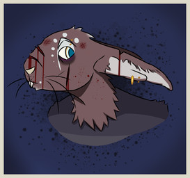 ambiguous_gender anthro blood blue_eyes bodily_fluids brown_body brown_fur bruised bruised_eye buckteeth clothed clothing ear_piercing eyebrow_piercing facial_piercing fur jewelry long_ears piercing shirt simple_background solo teeth topwear whiskers wounded lilac_(artist) taupe_(lilac) hare lagomorph leporid mammal 2020 digital_media_(artwork) headshot_portrait hi_res portrait