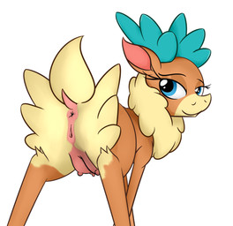 anatomically_correct antlers anus blue_antlers blue_eyes brown_body brown_fur dipstick_ears dock_(anatomy) ear_markings eyelashes female feral fur genitals horn looking_back markings multicolored_body multicolored_ears multicolored_fur nipples quadruped scut_tail short_tail simple_background smile solo tail tan_body tan_fur teats toony two_tone_body two_tone_fur vulva white_background noodlestoat them's_fightin'_herds velvet_reindeer_(tfh) deer mammal new_world_deer reindeer 2015 absurd_res digital_drawing_(artwork) digital_media_(artwork) hi_res