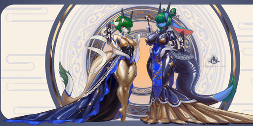 anthro big_breasts black_latex breasts camel_toe clothing dress duo eyewear female fused_legs glasses green_eyes green_hair hair latex latex_clothing latex_dress legs_together looking_at_viewer monocle red_eyes round_glasses simple_background smile standing tail shanher mythology shanher_(character) shanler_(character) dragon mythological_creature mythological_scalie scalie 2025 absurd_res hi_res