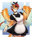 anthro biped blue_background blue_eyes border cleaning_tool clothed clothing eyelashes feather_duster feathered_wings feathers female fur gradient_background hair holding_cleaning_tool holding_feather_duster holding_object maid_uniform orange_body orange_fur red_hair simple_background solo standing tail uniform white_border wings onomari mythology eabha_(feral_hedgehog) dragon mythological_creature mythological_scalie scalie 2022 artist_name digital_media_(artwork) hi_res shaded